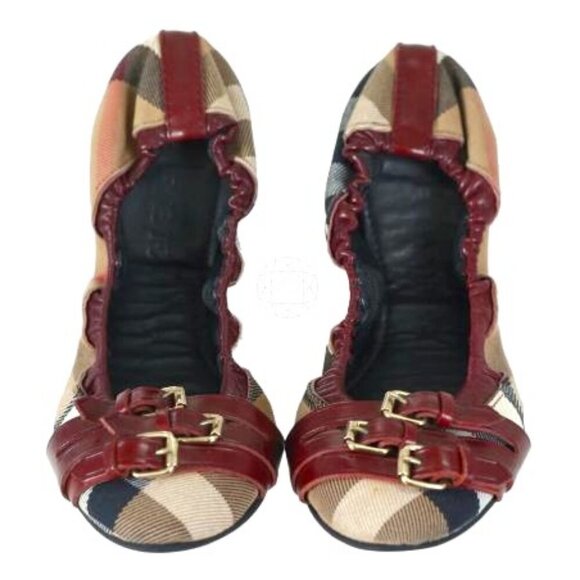New BURBERRY Nova Check Scrunch Ballet Flats Burgundy Leather Trim 9.5 MSRP $796 - Picture 1 of 9